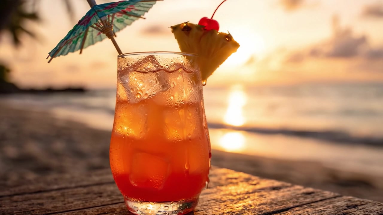 Una vivace scena di cocktail al tramonto con una bevanda colorata guarnita con un ombrellino e una fetta d'ananas, perfetta per serate rilassanti in spiaggia.
