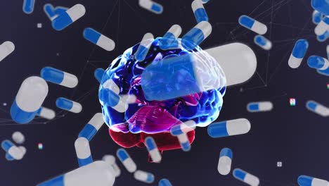 animation of digital brain and pills on black background