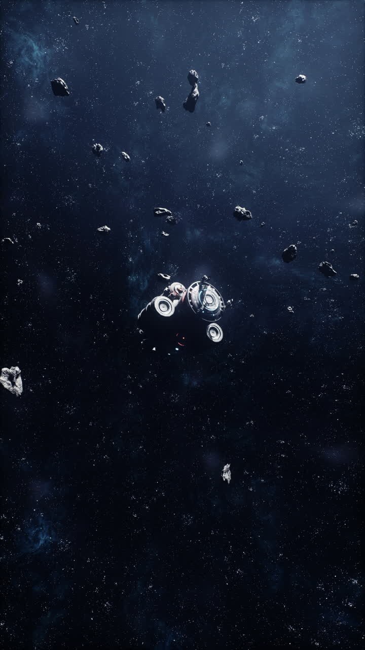 Nave spaziale che vola attraverso un campo di asteroidi