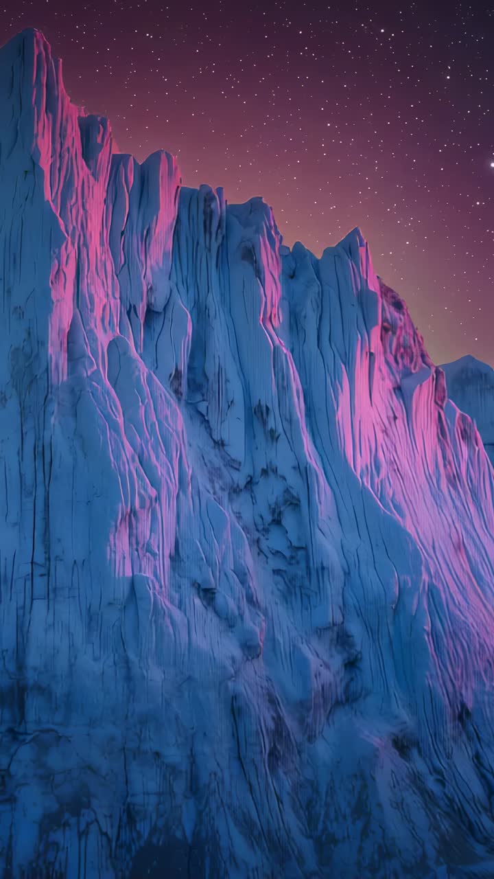 Vertical video: Panning camera showing steep ice cliff at night, revealing aurora, stars and ridges