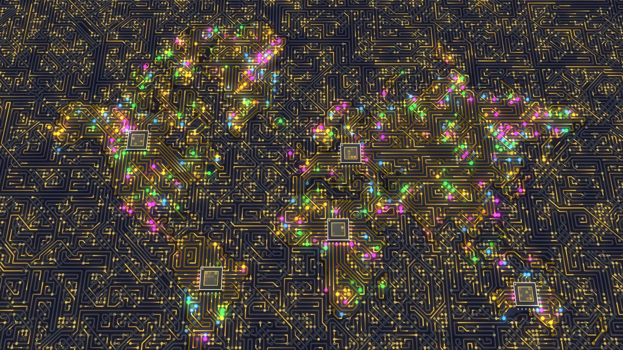 vibrant digital world map, formed from an intricate circuit board with glowing connections, symbolizes global data flow and technological interconnectedness