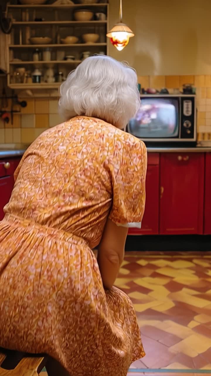 Curly white hair frames a woman's back. She wears a floral, orange dress. Her hands rest on her lap. She sits facing an old television. Her posture suggests quiet attention