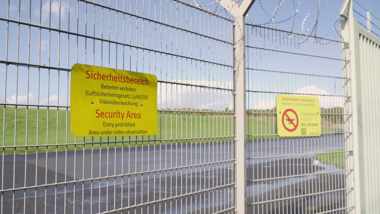 Zutritt verboten. Bunte Sicherheitsschilder bedecken einen Bauzaun. Sicherheitsbereich