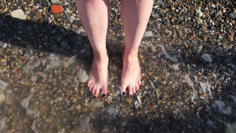 person's feet in the shallow water of the beach