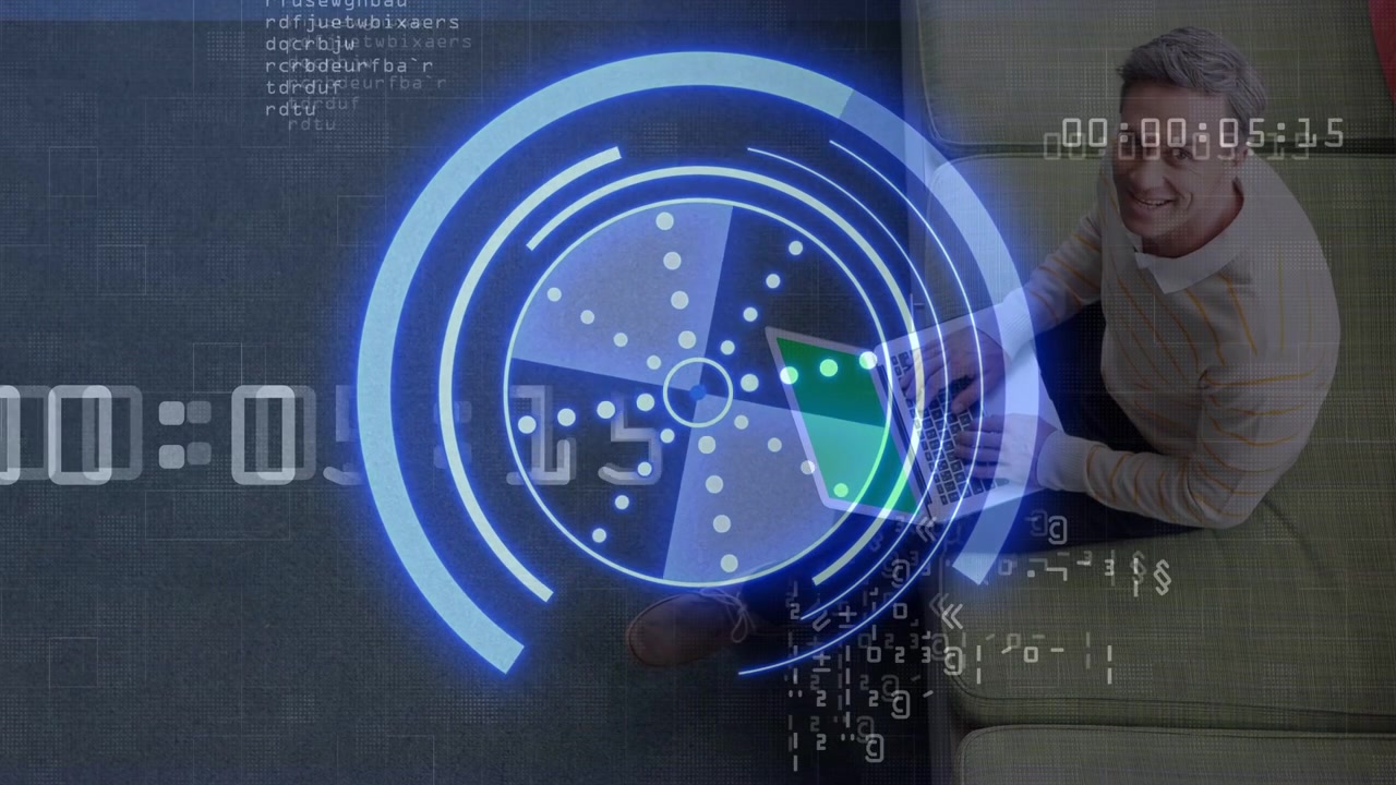 Man opening laptop and typing on couch, HUD rotating with timer advancing while debugging code