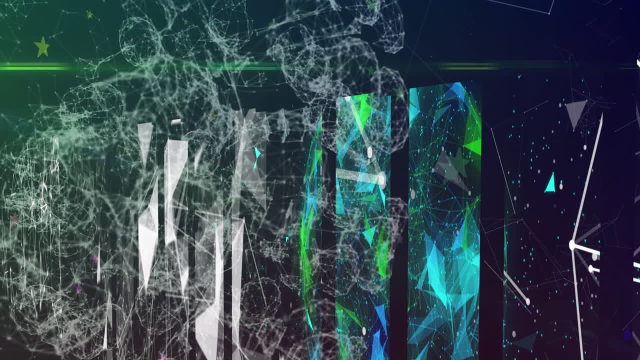 파란색 배경에 플렉서스 네트워크를 가진 디지털 파동과 화면의 애니메이션