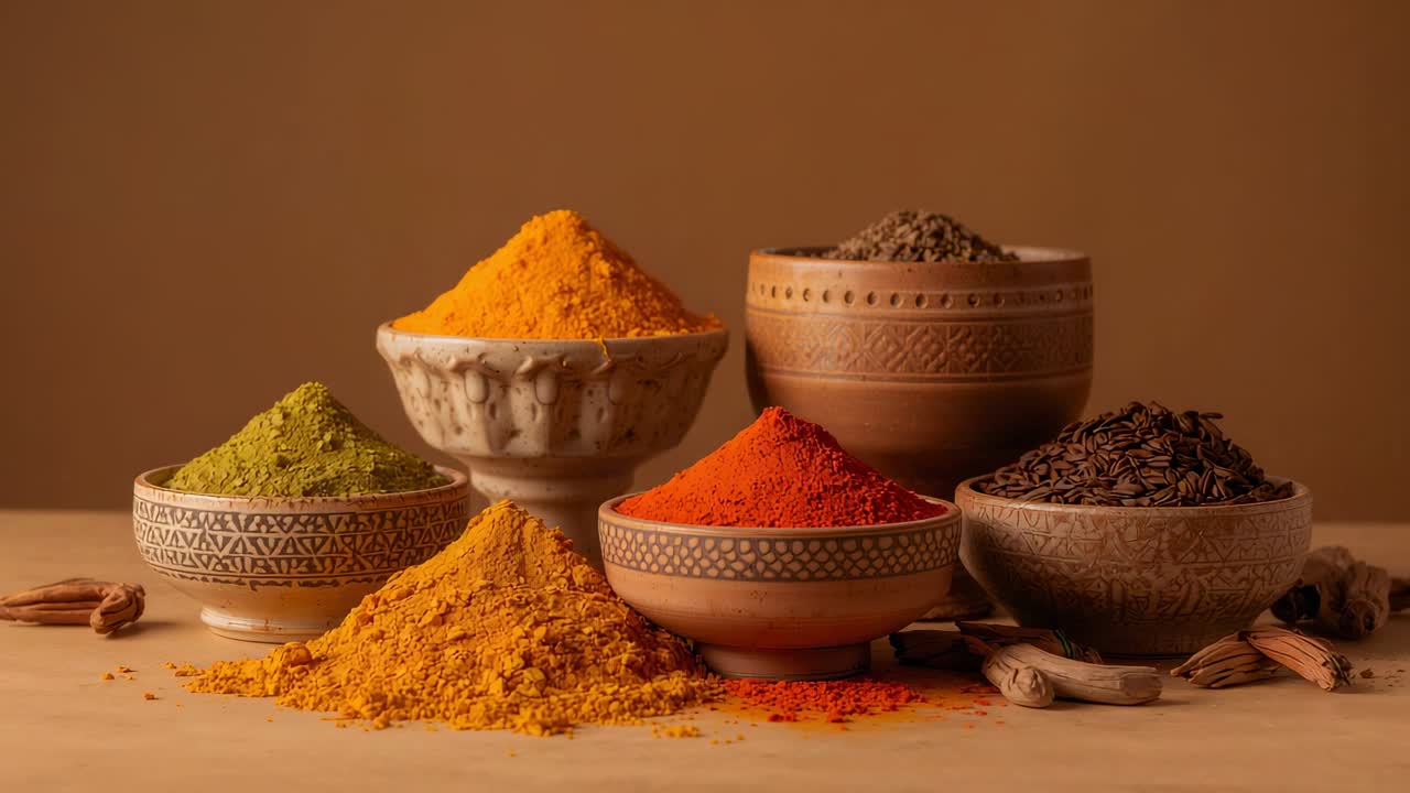 Pushing camera forward toward six ceramic bowls with spices on table, showing color and texture