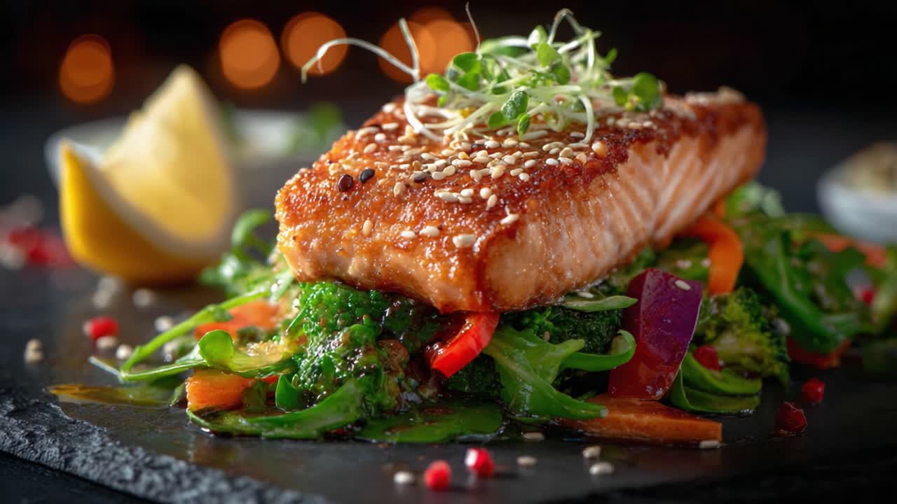 Deliciously Seared Salmon Fillet Served on a Vibrant Bed of Fresh Vegetables with a Zesty Lemon Wedge, Perfectly Garnished for an Elegant Culinary Delight