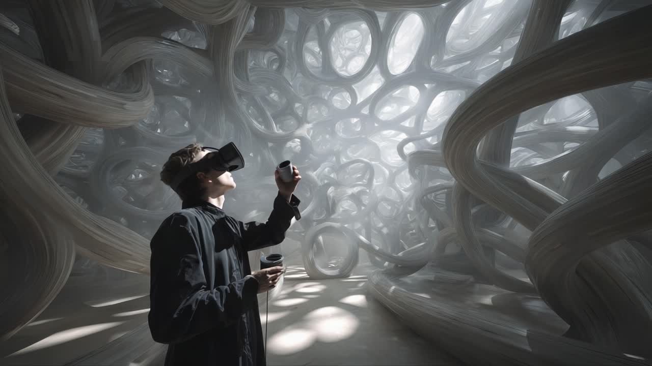 A Virtual Explorer Engaging in a Mesmerizing Immersive Experience Amidst Abstract, Organic Structures in a Futuristic Environment Enhanced by Virtual Reality Technology and Artistic Design Elements