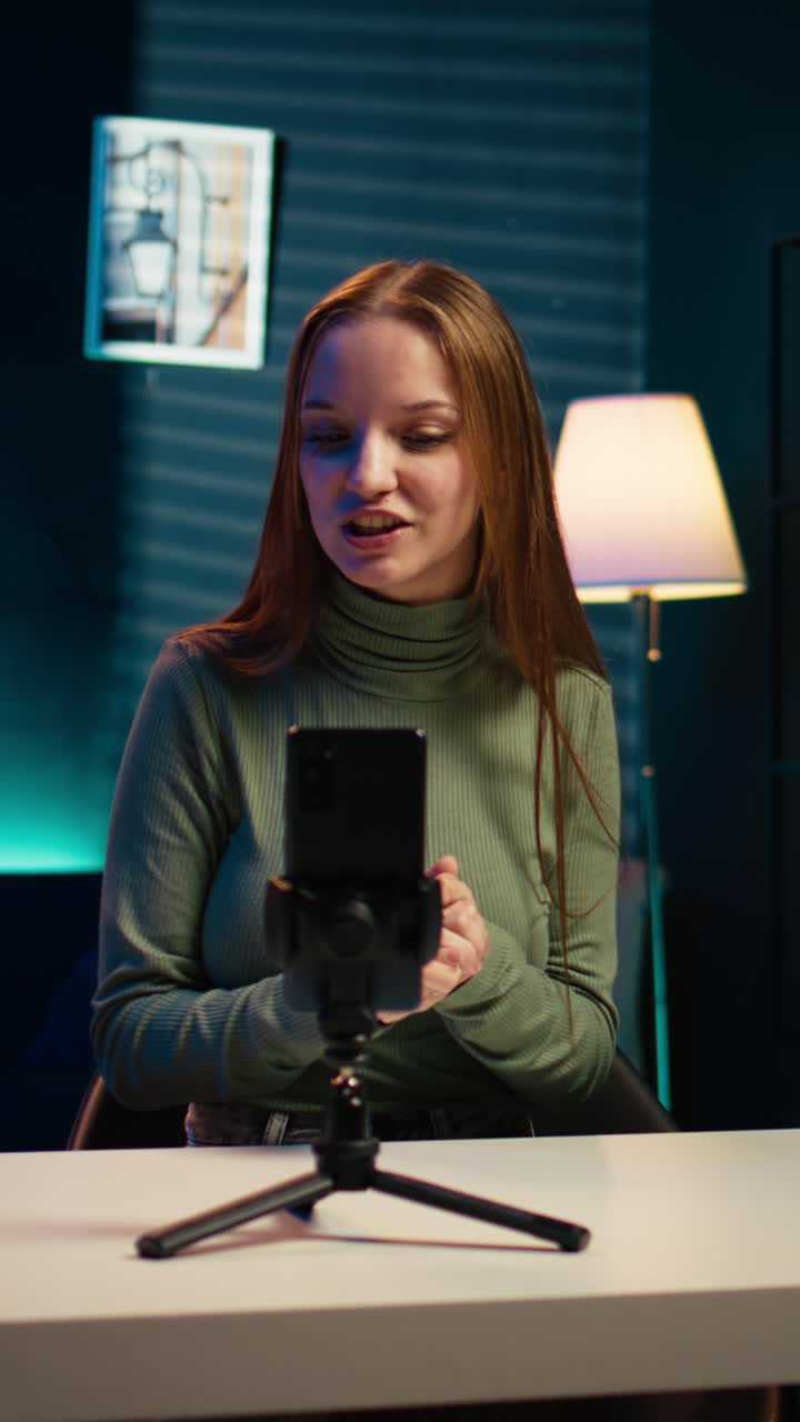 Ung kvinde vlogger og taler i smartphone med fagter
