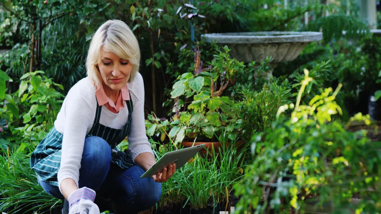 일하는 동안 디지털 태블릿을 사용하는 성숙한 여성
