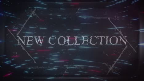 animation of new collection text with interference and glitches over moving blue and pink lights