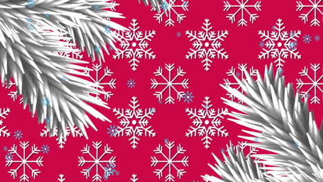 animación de nieve cayendo con abetos blancos sobre fondo rojo