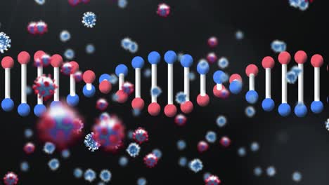 estructura del adn y células de covid-19 contra un fondo negro
