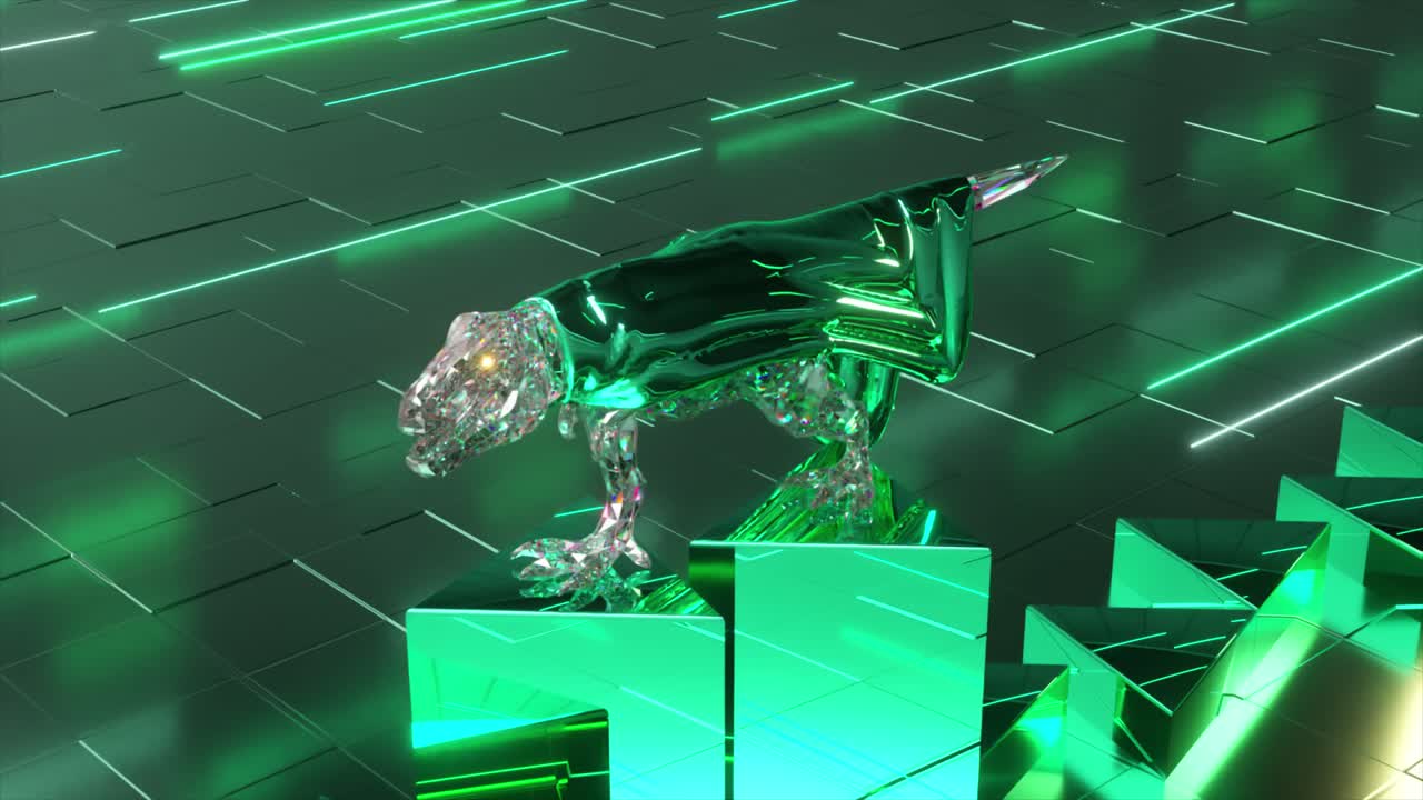 t-rex de cristal esmeralda en un entorno futurista