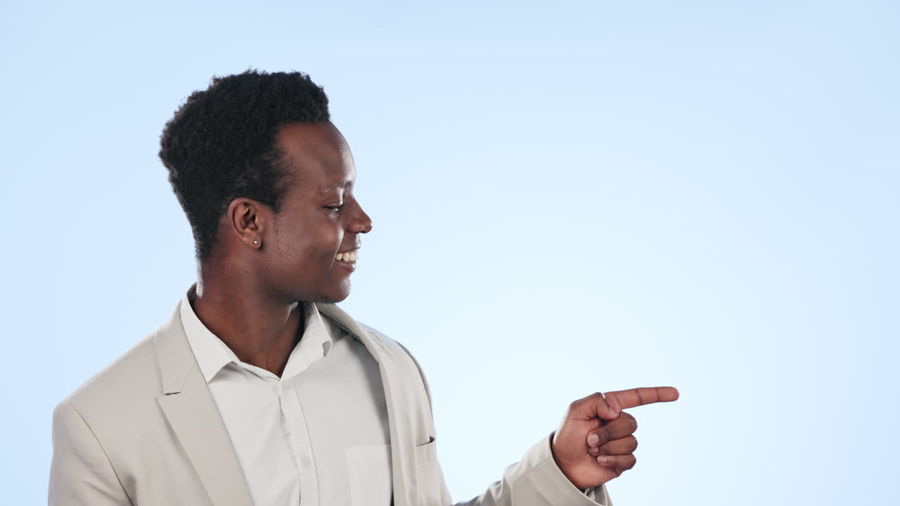 Happy black man, pointing and list in advertising