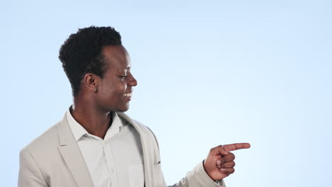 happy black man, pointing and list in advertising