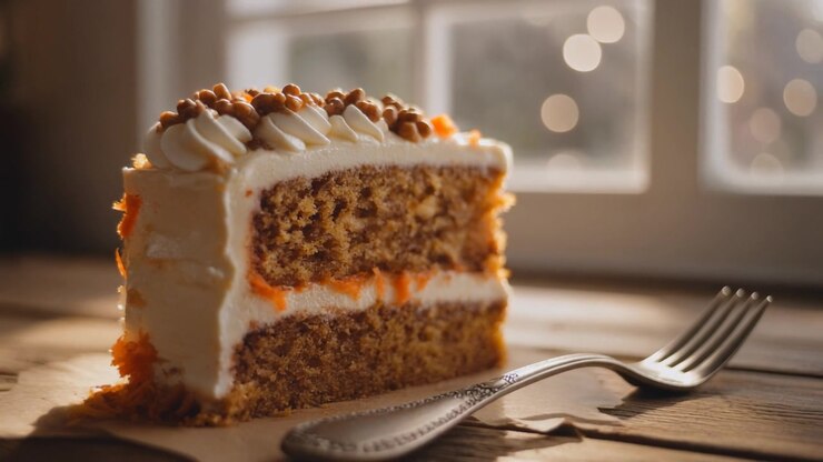 Stück Karottenkuchen mit Frischkäse-Frosting auf Holztisch