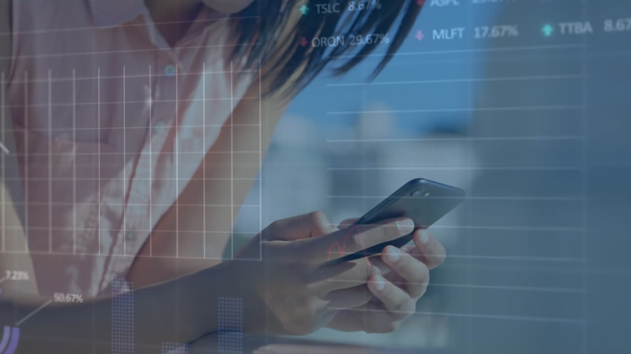 Animation of stock market data processing over happy biracial woman using smartphone at terrace