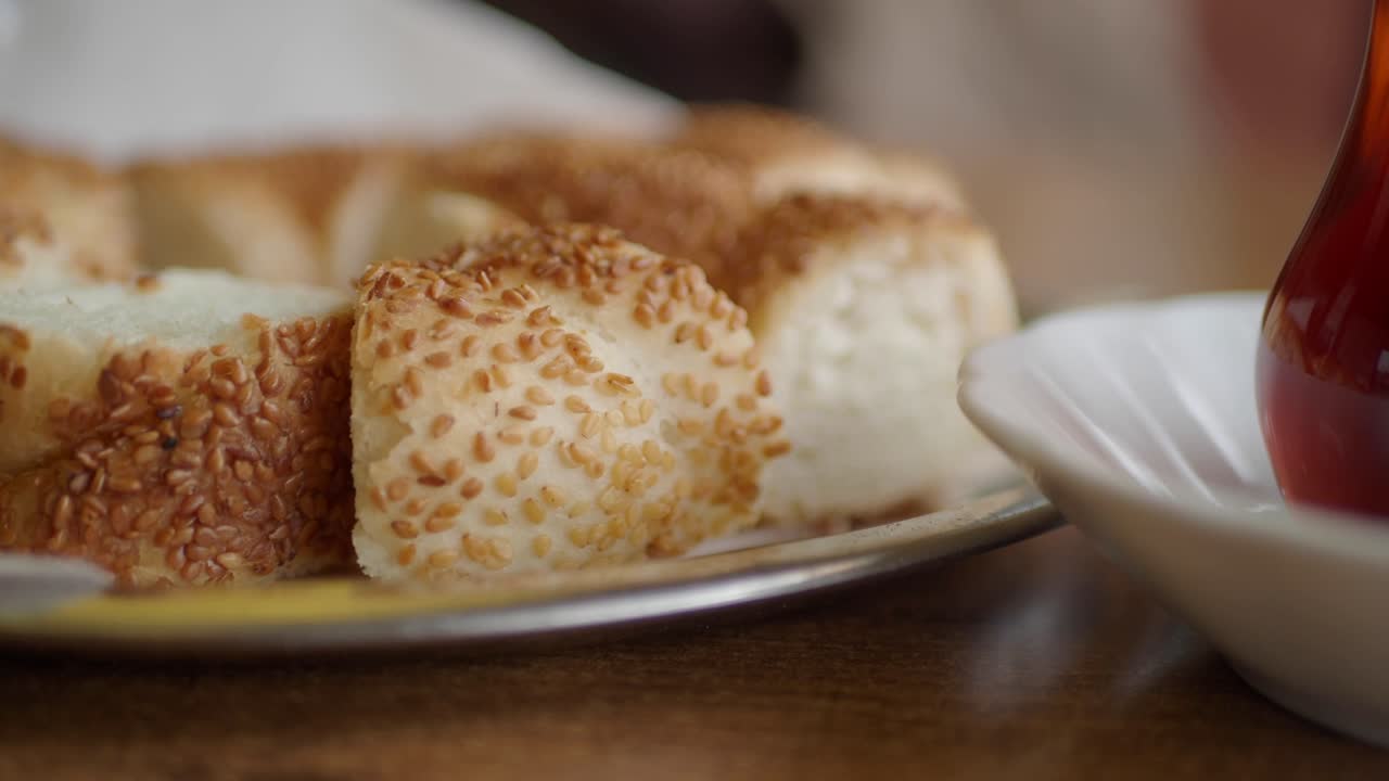 Close-up of Sliced Turkish Simit with Sesame Seeds