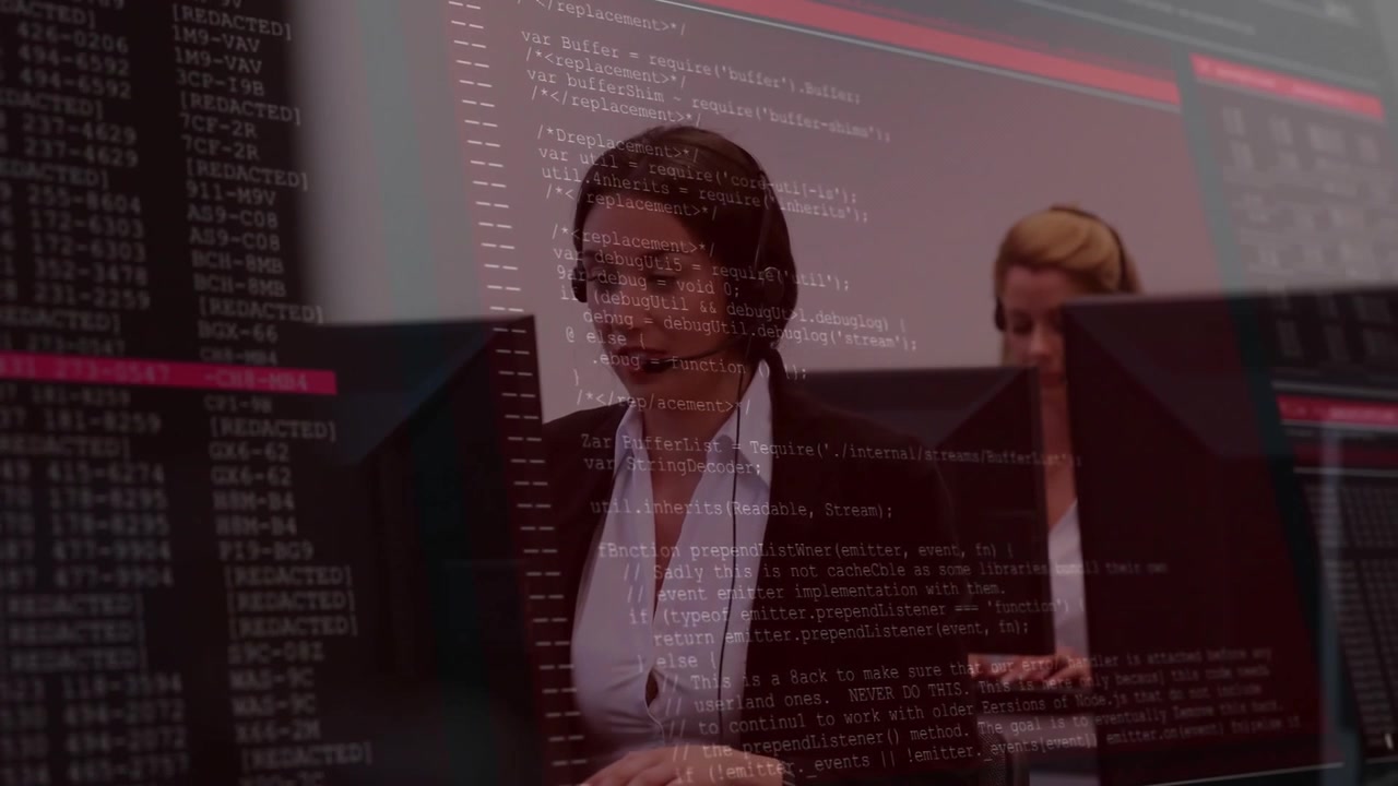 Brunette call center agent initiating call and processing call data with scrolling logs overlay