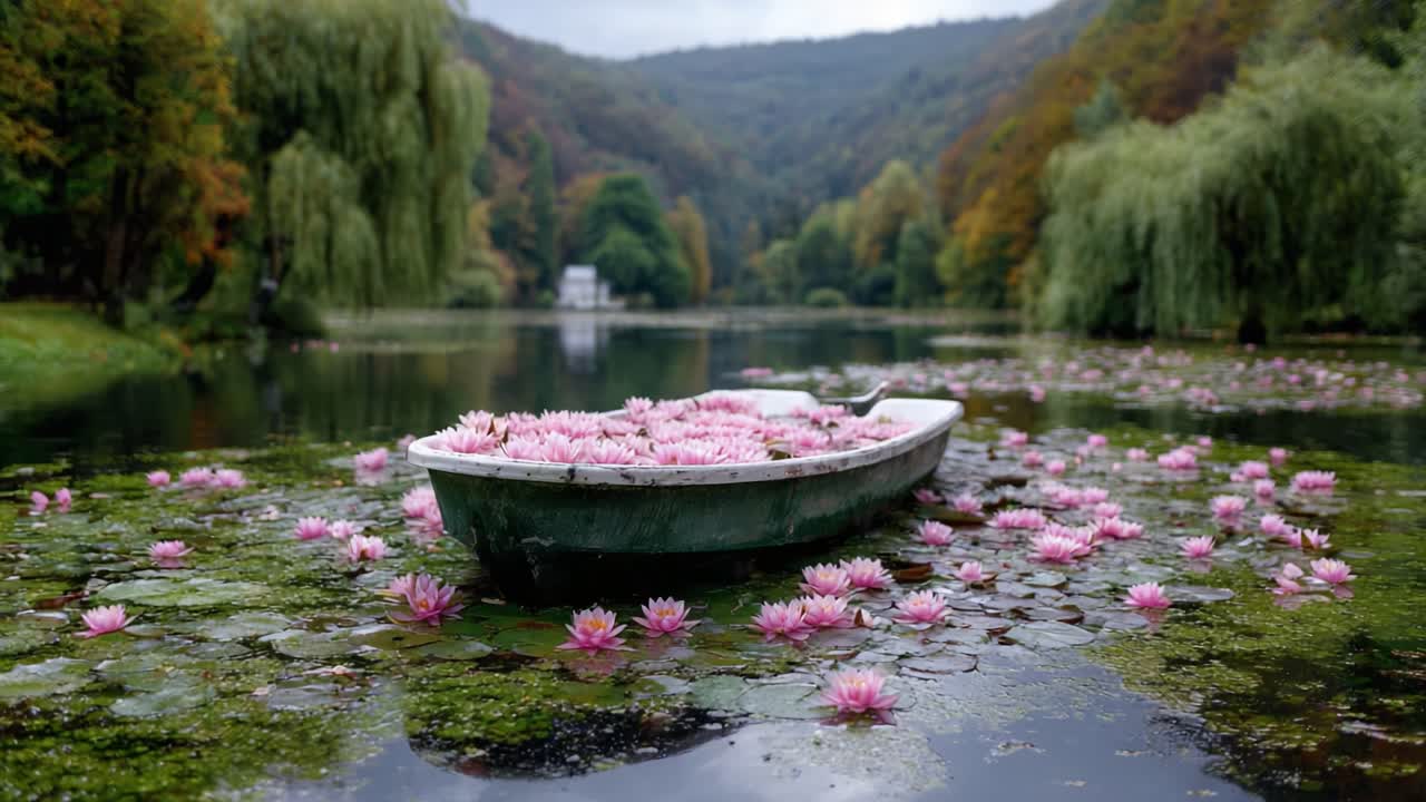 A Serene Boat Surrounded by Vibrant Lily Pads on a Calm Lake Amidst Lush Greenery and Tranquil Reflections in the Watering Landscape