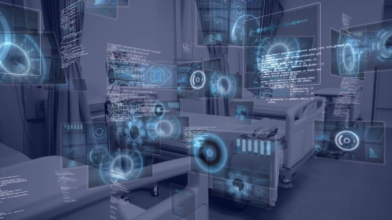animación del procesamiento de datos científicos sobre pantallas y hospital.
