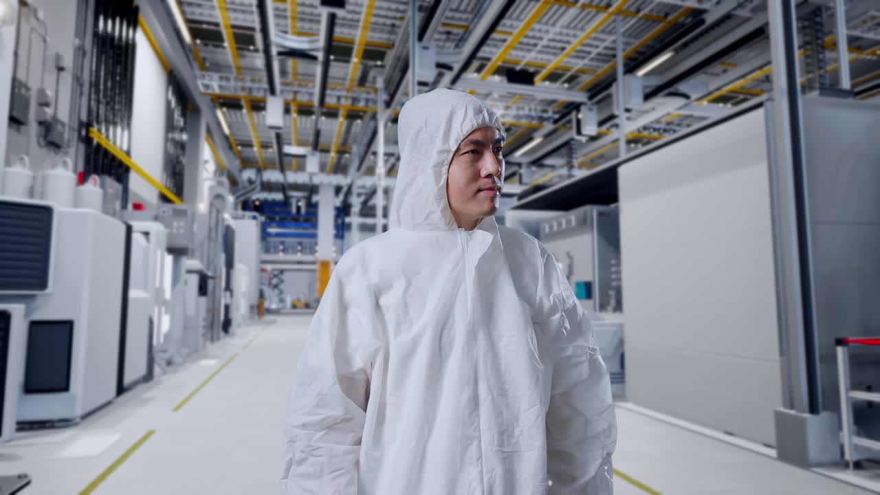 Asiatisk mannlig forsker ser seg rundt i en halvlederfabrikk