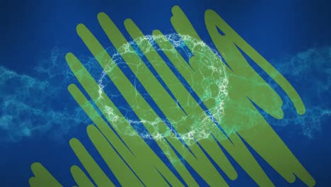 Animation-of-dna-strand-and-human-brain-spinning-over-green-squiggles-on-blue-background