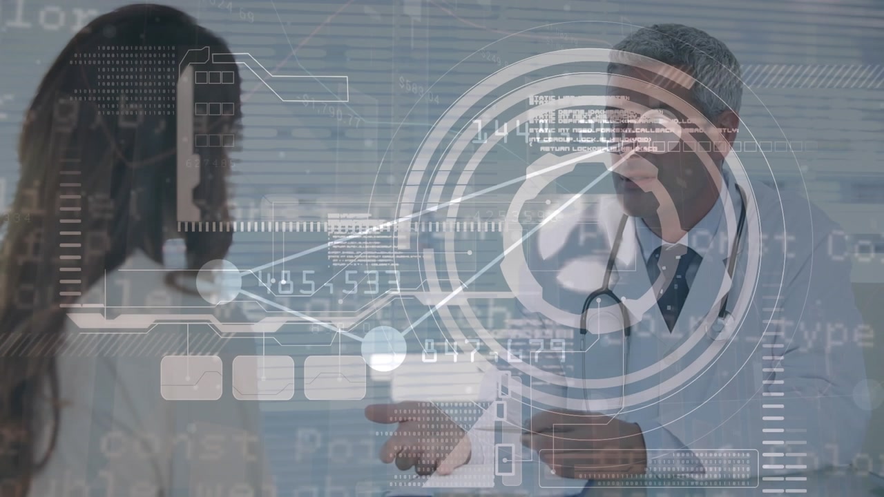 Animazione di una rete di connessioni su un medico uomo con una paziente donna