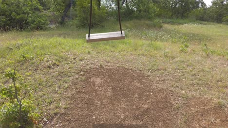 Empty wooden swing, swings among green trees and plants in forest. Summer spring day around nature