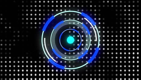 Animation-of-neon-round-scanner-over-dots-pattern-against-black-background