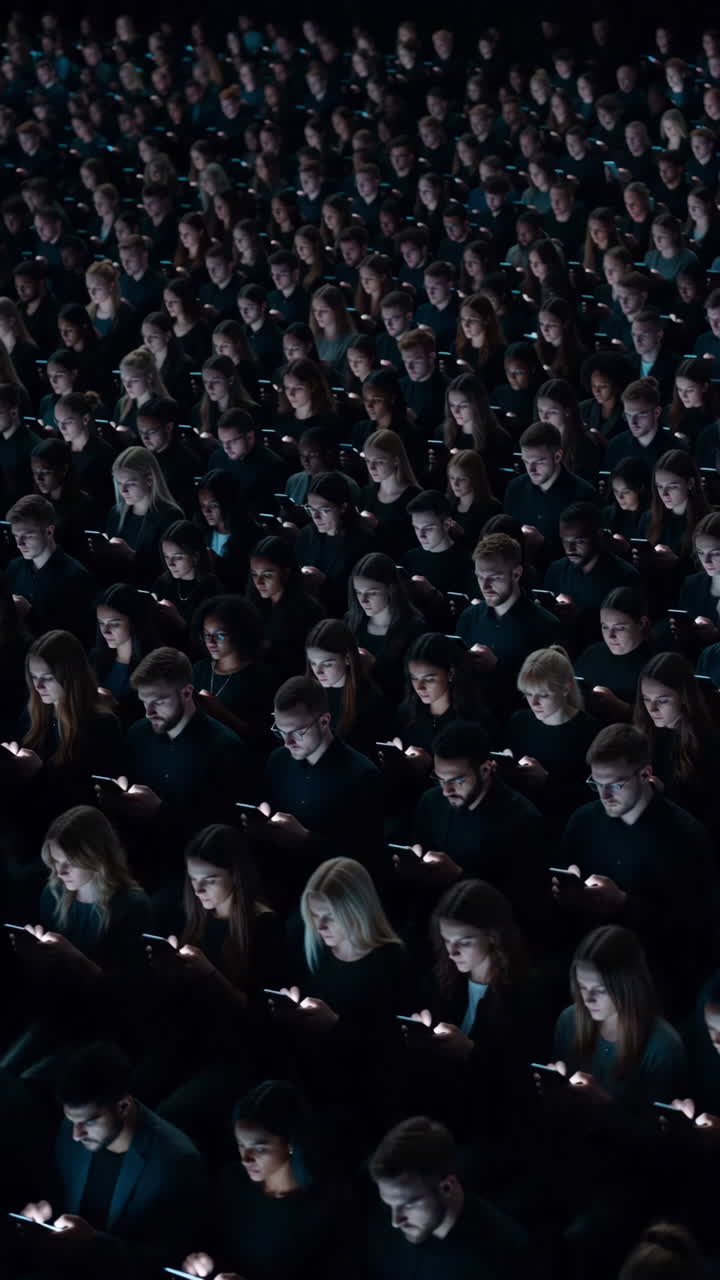 Multidão usando celulares no escuro. Fileiras de telas brilhantes iluminam rostos enquanto indivíduos tocam e deslizam.