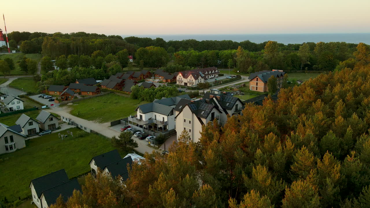 Privat houses and cottages with solar panels on roofs in Jastrzebia Gora and Rozewie Residential area near Baltic sea Poland