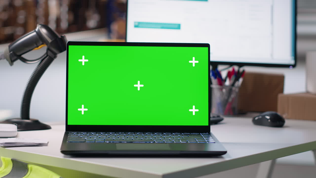 Empty warehouse space shows isolated chroma key display on pc