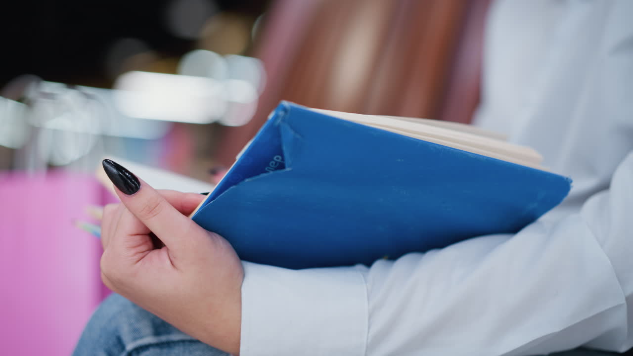 primer plano de un adulto con uñas pintadas sosteniendo un libro en la pierna, hojeando páginas, el fondo presenta una bolsa rosada borrosa y un suave efecto de luz bokeh, creando un ambiente acogedor de lectura