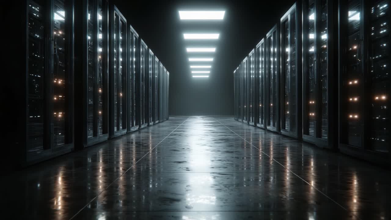 Fascinerende perspektiv af et moderne datacenter: Indfanger dybden og præcisionen af serverracks belyst af lysstofrør i et elegant, poleret miljø