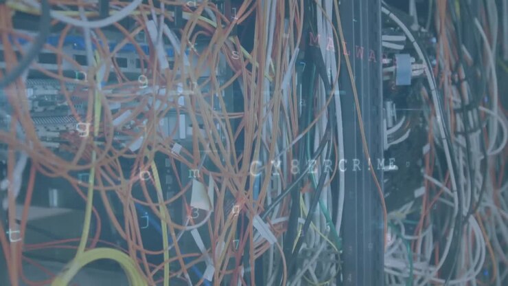 Animation of cyber security data processing against close up view of cables and computer servers