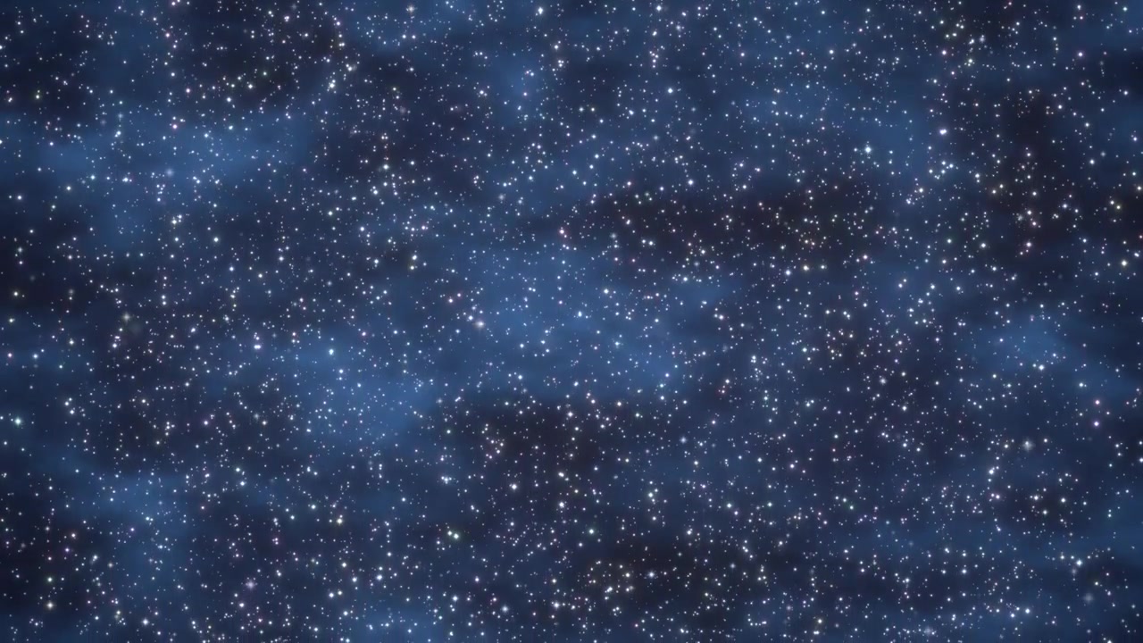 Et sakte panorert bilde over en tett blå nebula fylt med blinkende fjerne stjerner.