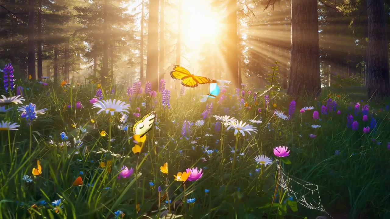 Butterflies Flying Over a Vibrant Wildflower Meadow in a Sunny Forest