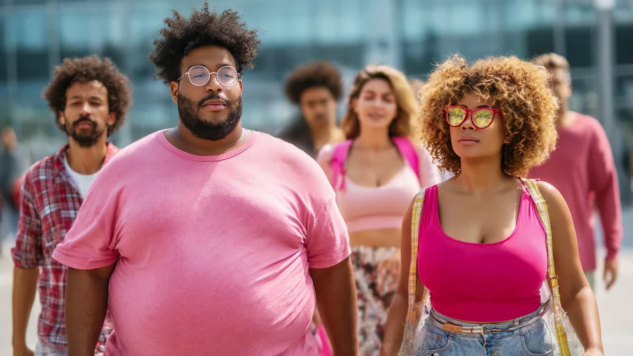 A group of diverse individuals confidently walking towards the camera on a sunny day, showcasing their unique fashion styles and vibrant energy in a modern urban setting