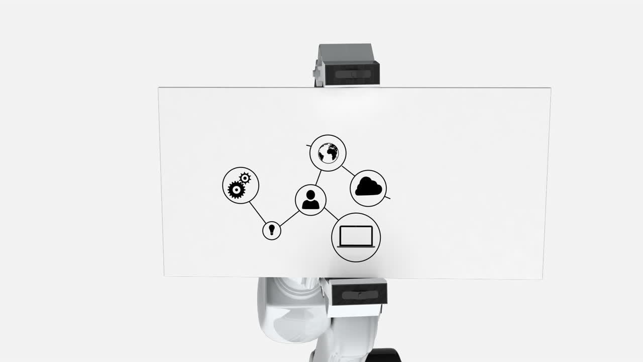 Digitally generated video of white robotic arm holding card with networking icon