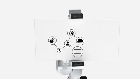 digitally generated video of white robotic arm holding card with networking icon