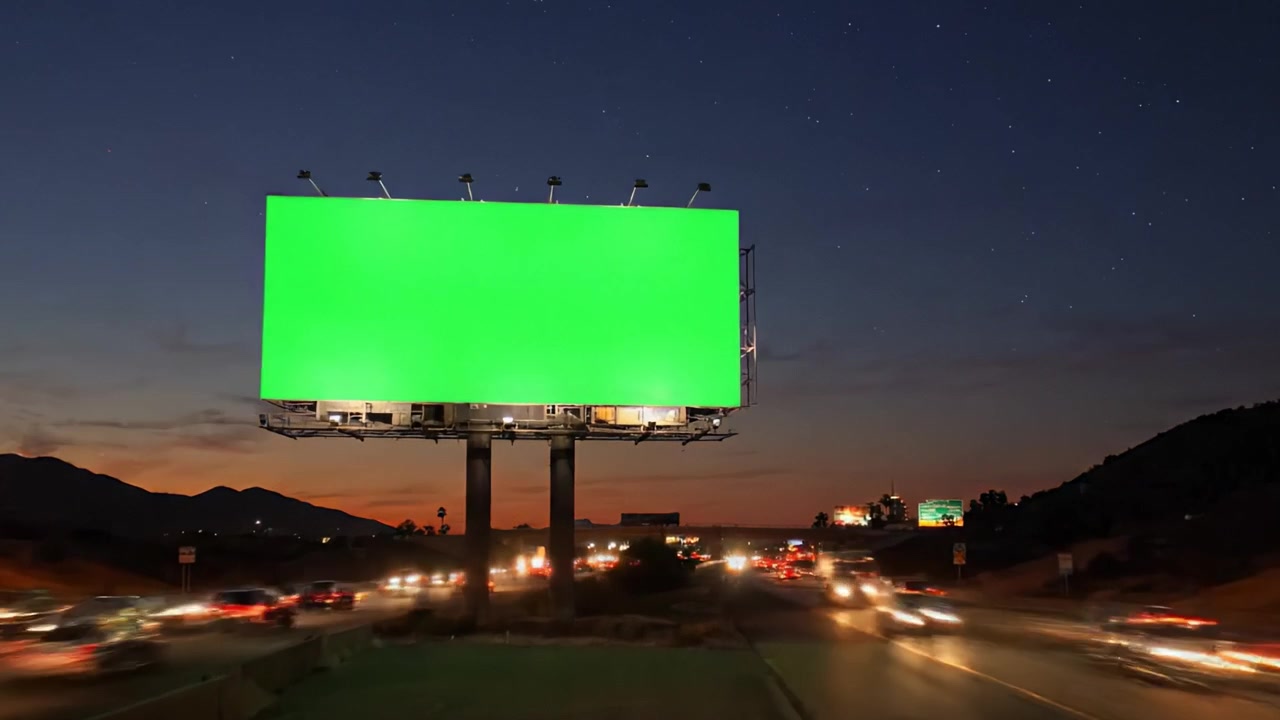 Valla publicitaria dinámica en carretera capturada al anochecer y de noche, mostrando una pantalla verde brillante lista para anuncios digitales contra un fondo escénico.