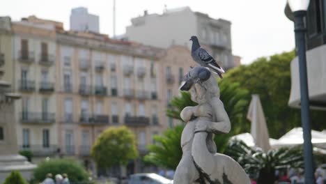 Dos-Palomas-Se-Bañan-En-La-Fuente-De-La-Plaza-Central-De-Tarragona,-España.