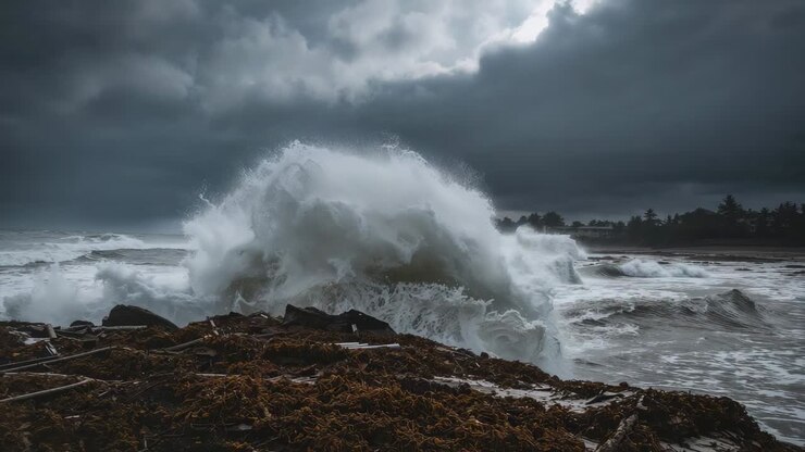 Houle poussée par les vents de la tempête, crête de la vague s’écrasant sur un affleurement rocheux avec des rondins de bois flotté et des algues
