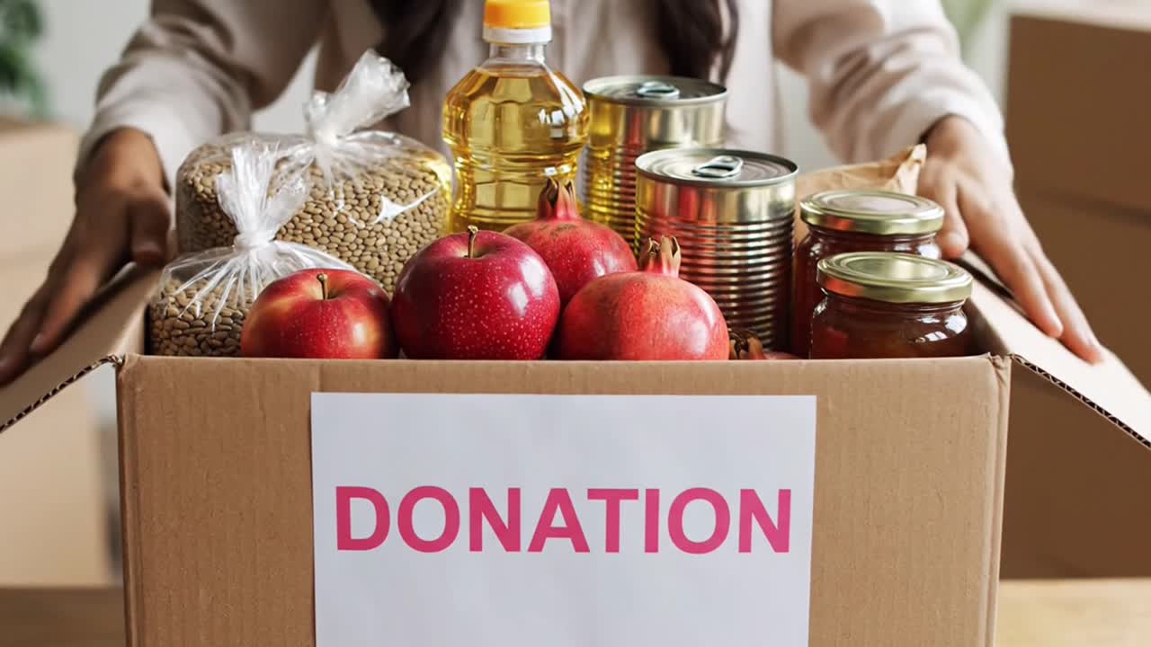 Mani di volontari che riempiono una scatola per donazioni di cibo per beneficenza