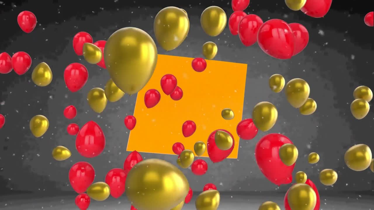 animación de globos dorados y rojos y nieve moviéndose sobre el marco sobre fondo negro