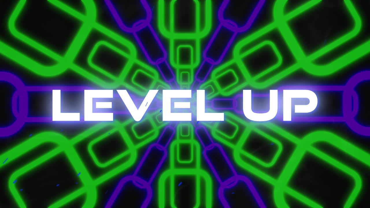 Animation of level up text over moving shapes on black background