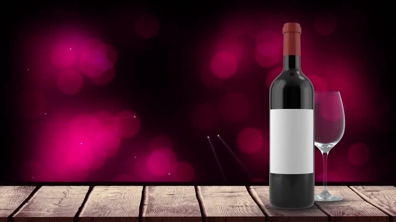 animación de una botella de vino tinto sobre un fondo con puntos rosados
